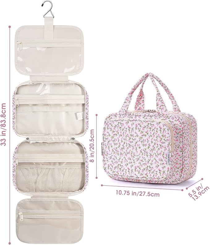 Hanging Toiletry Bag for Women Travel Makeup Bag Organizer Toiletries Bag for Travel Size Essentials Accessories Cosmetics (Pink Flower (Medium))