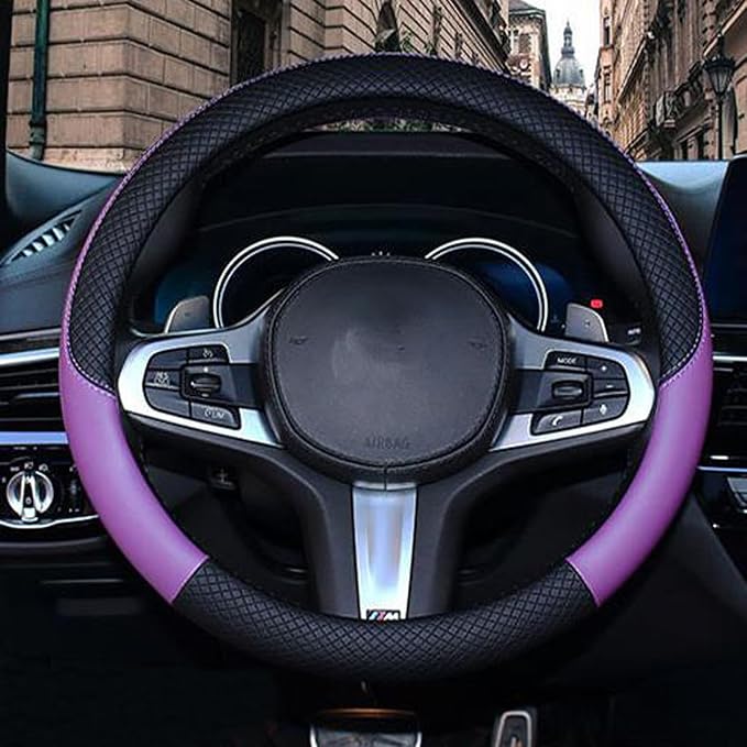 Car Steering Wheel Cover, Leather, Universal 15 Inch Fit, Anti-Slip & Odor-Free (Black&Purple)