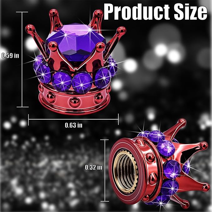 4PCS Crown Bling Tire Stem Valve Caps, Crystal Diamond Car Wheel Tire Valve Caps Universal Copper Core Stem Covers for Cars, SUV, Trucks, Bikes, Motorcycles, Bicycles (Red & Purple)