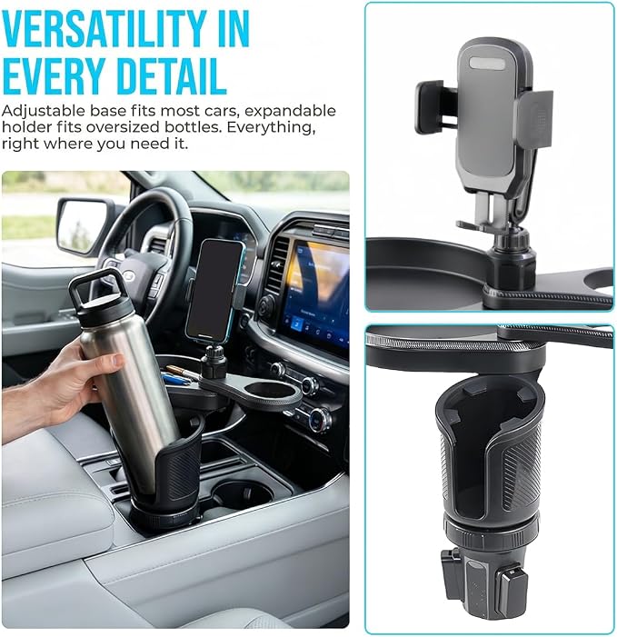 Car Cup Holder Tray, 3 in 1 Multifunctional Vehicle Food Water Bottle Phone Holder Expander Adapter with Adjustable Base, Detachable Auto Interior Food Tray Table, Universal Fit (Black)