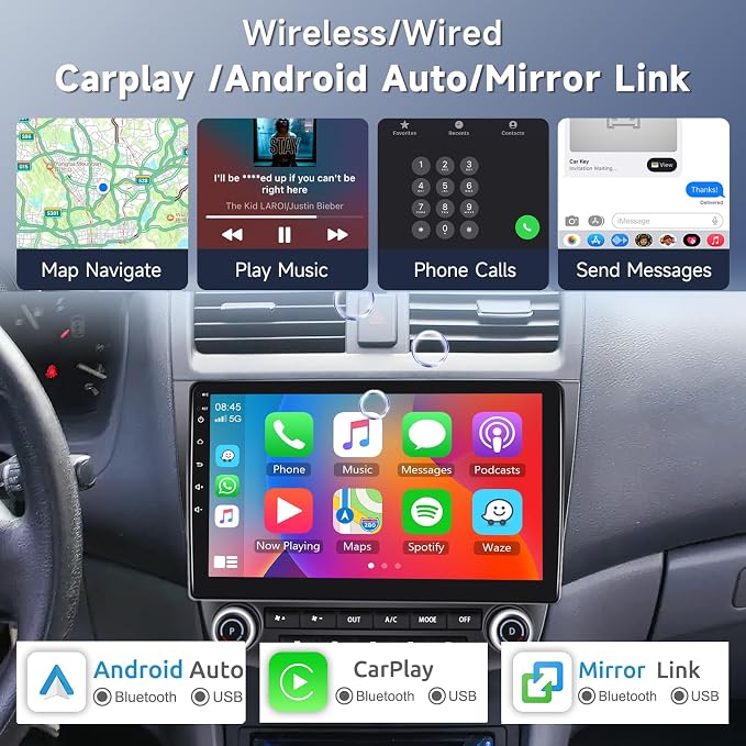 4Core 2G+64G Android 15 Car Stereo for Honda Accord 2003-2007, 5G-WiFi Car Radio Wireless Carplay Android Auto 10.1'' Touchscreen GPS Mirror Link Bluetooth FM/RDS SWC Backup Camera Microphone