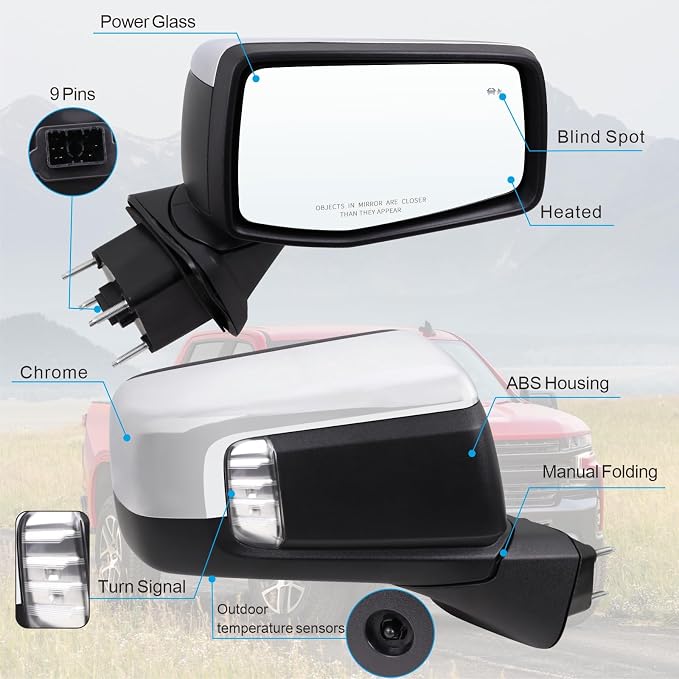 Right Passenger Side Mirror Compatible With 2019-2025 Chevy Silverado 1500 With Power Glass Manual Folding Temperature Sensor Turn Signal Heated Blind Spot Chrome Replace#GM1321586(9Pins)
