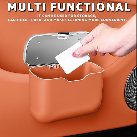 Car Trash Can, Waterproof Multi‑Functional Auto Trash Bin for Door/Console/Seat Back, Universal Vehicle Garbage Can for Car/Truck/SUV Drivers (Orange)
