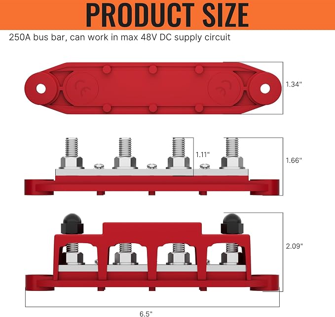 Power Distribution Block Bus Bar 12V 250A with 4 x 5/16"(M8) Studs Marine Bus Bar 12 Volt DC Battery Busbar Terminal Block for Automotive, Car, Boat, Solar Wiring - Negative&Positive