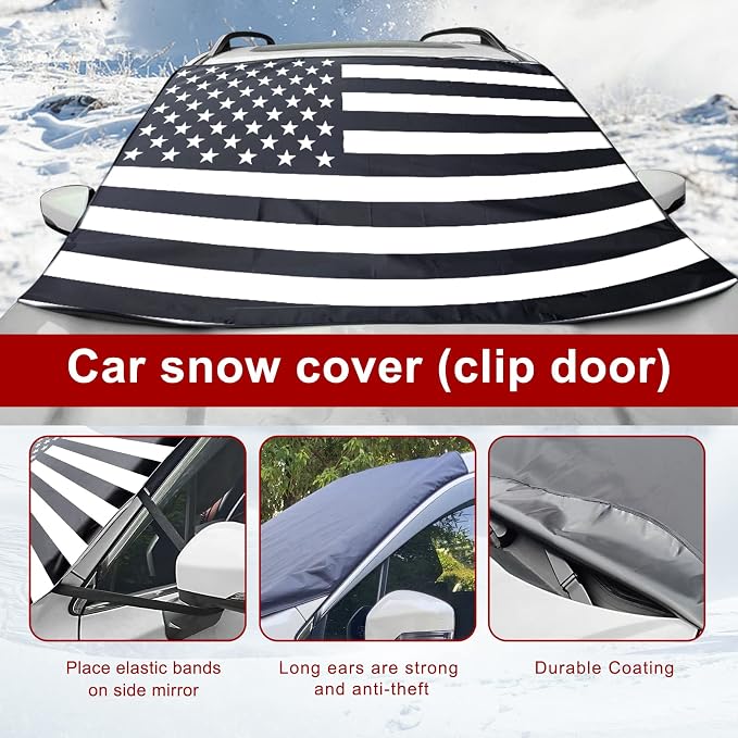 1 PC Car Windshield Snow Cover, American Flag Design Snow & Ice Protection De-Frost Cover, 69" x 42" Four Seasons Universal Shade Anti-UV Cover, Auto Universal Accessories (Black)