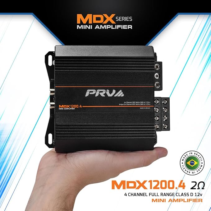 MDX1200.4 2 Ohm Mini 4 Channel Car Audio Amplifier 4 x 300 Watts RMS at 2 Ohm - 1200 Watt 12 Volts Bridgeable Amp for Powersports, Motorcycles, ATV, for High Power Stereo Speaker Systems