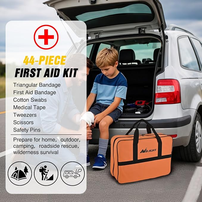 Car Emergency Kit with Jumper Cable, First Aid Kit Safety Assistance Tools for Travel Camping Outdoor Cars Truck SUV RV, Roadside Essentials with Flash Light
