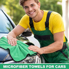 12 Pcs Microfiber Towels for Cars, 800 GSM Plush Drying Cleaning Cloth Bulk, 16 x 16 Inch Thick Absorbent Wash Detailing Towels for Car Polishing, House, Kitchen Cleaning(Green)