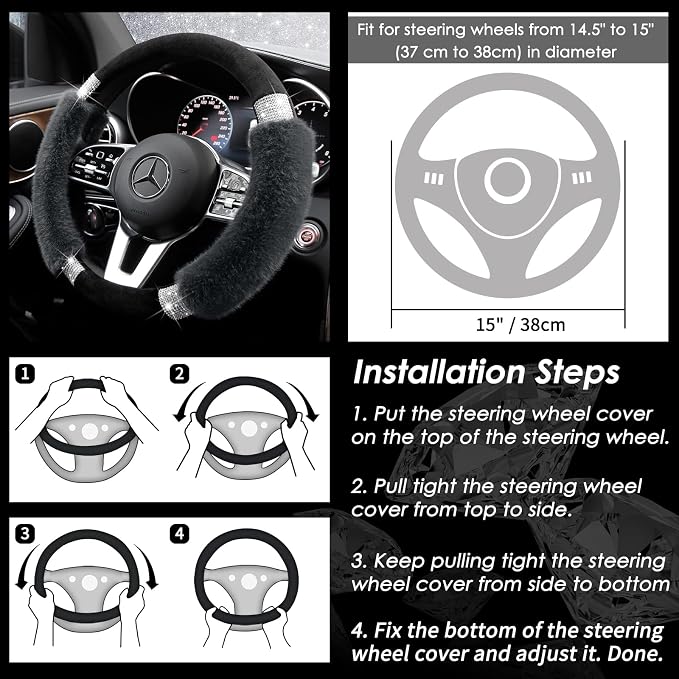 Rhinestone Fluffy Steering Wheel Cover - Comfortable Non-Slip Luxury Faux Wool, Universal Fit for 14.5" to 15" Steering Wheels