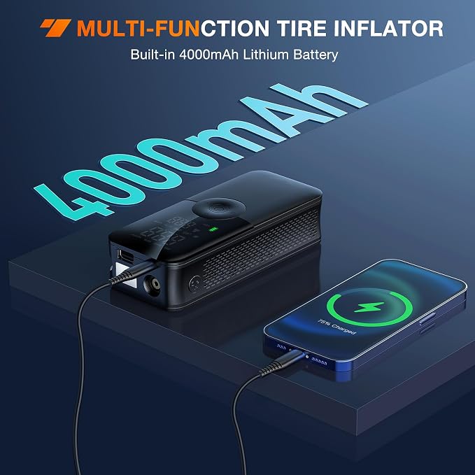Tire Inflator Portable Air Compressor Rechargeable Battery Cordless 150PSI Faster Inflation Pump with Pressure Gauge for Car Motorcycle Bicycle Ball