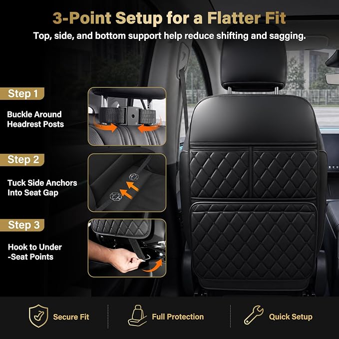 2 Pack Kick Mats Back Seat Protector, Seat Back Protector for Back of Front Seats Against Dirt, Scuffs & Scratches, 3 Storage Pockets, Easy to Clean, Black
