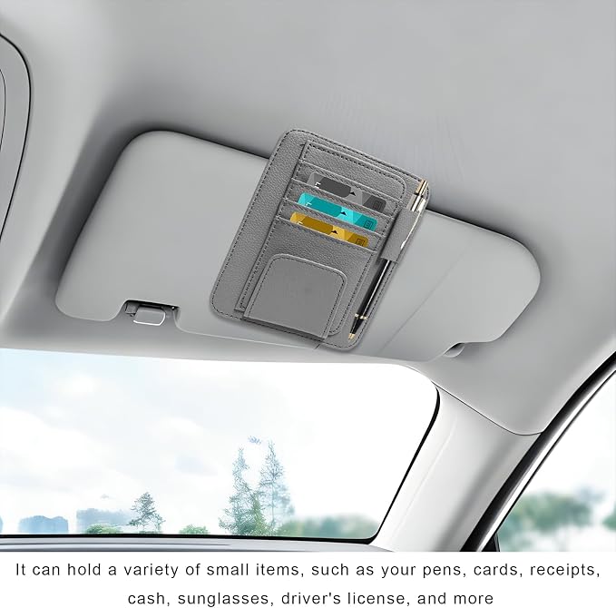 Car Sun Visor Organizer, Leather Auto Visor Card Holder with Sunglasses Clip, Multifunctional Sunvisor Storage Pouch Vehicle Interior Pocket for Driving License Pen Ticket (Gray)