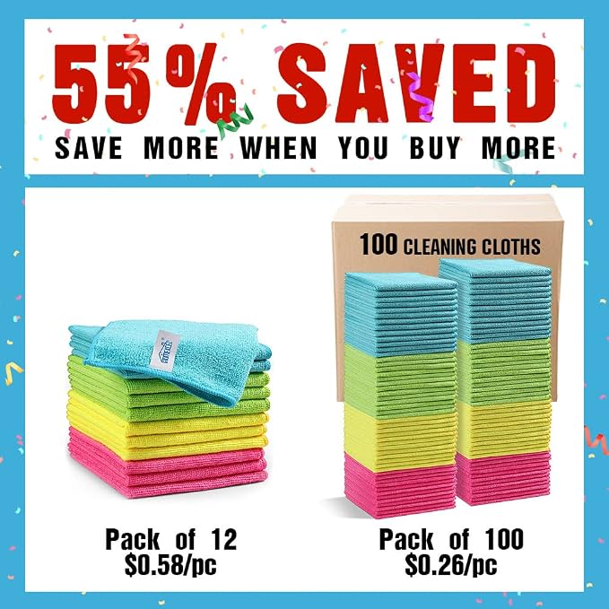 Microfiber Cleaning Cloth,100 Pack Cleaning Rags, Cleaning Towels with 4 Color Assorted, 11.5"X11.5" Shop Towels (Green/Blue/Yellow/Pink)