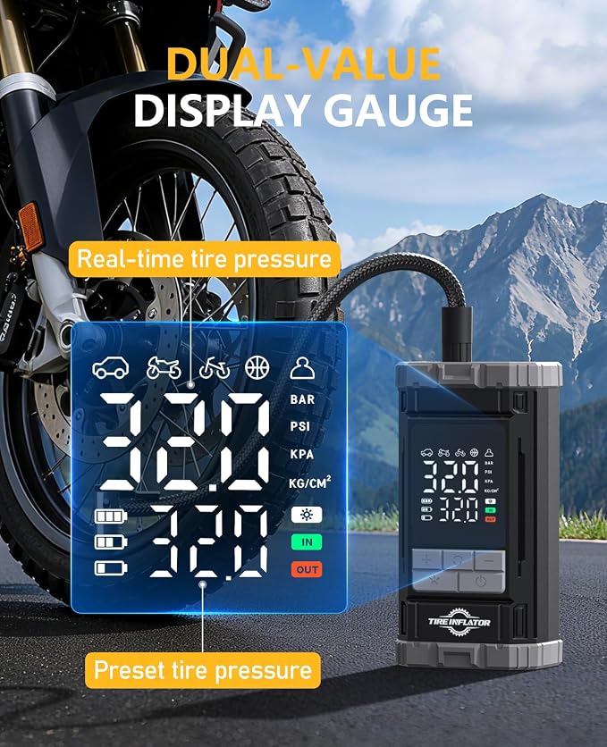 150 PSI Cordless Rechargeable Tire Inflator Portable Air Compressor | Fast Inflation, Digital Gauge, Auto Shutoff, LED Light, One-Click Start, for Car, Motorcycle, Bike, Sports Ball