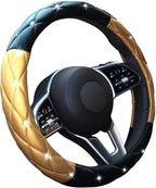 Black Gold Leather Bling Steering Wheel Cover, Anti-Slip Steering Wheel Protector with Crystal Rhinestones, Bling Steering Wheel Cover for Women and Girl Fit 14.5-15 inch