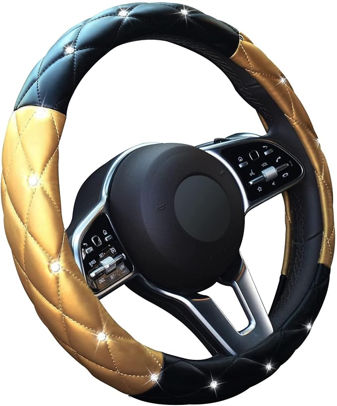 Black Gold Leather Bling Steering Wheel Cover, Anti-Slip Steering Wheel Protector with Crystal Rhinestones, Bling Steering Wheel Cover for Women and Girl Fit 14.5-15 inch