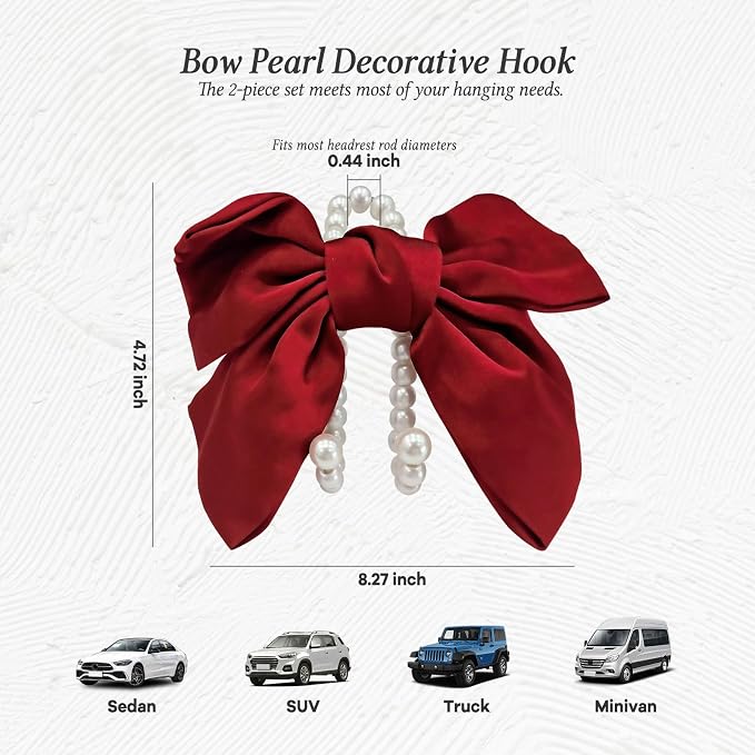 2PCS Satin Bow Pearl Car Seat Headrest Hooks – Car Bag Holder & Vehicle Hanger for Purses – Cute Coquette Aesthetic Interior Decoration – Cute Auto Organizer Accessories Universal (Red)