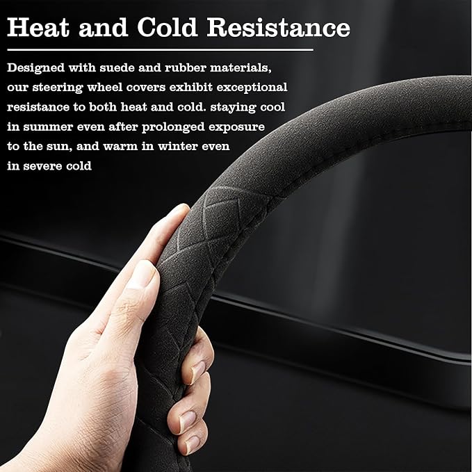 Car Leather Steering Wheel Cover - Panapi Material, Universal 14.5-15 Inch Leather Anti-Slip Breathable Auto Steering Wheel Covers for Men Women (Suede-Black with Blue Mark)