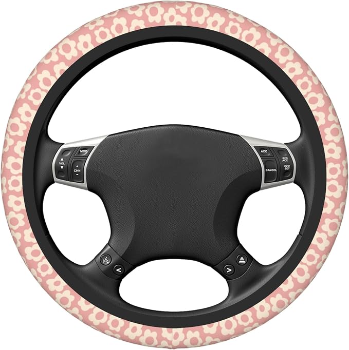 Vintage Pink Flower Steering Wheel Cover Cute Universal 15 Inch Car Accessories Protector for Women Fit Auto SUV Sedan Vans Trucks
