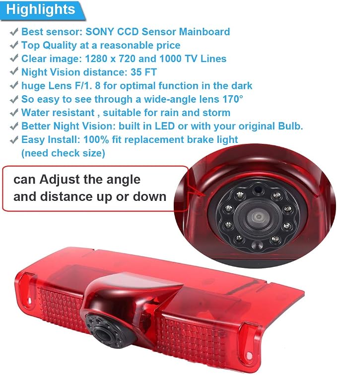 HD IP68 Third Roof Mount Brake Lamp Rear View Reverse Backup Camera Angle and Distance Adjustable Compatible with Chevrolet Express GMC Chevy Savana Exporer Cargo Van (Camera+4.3' Monitor)