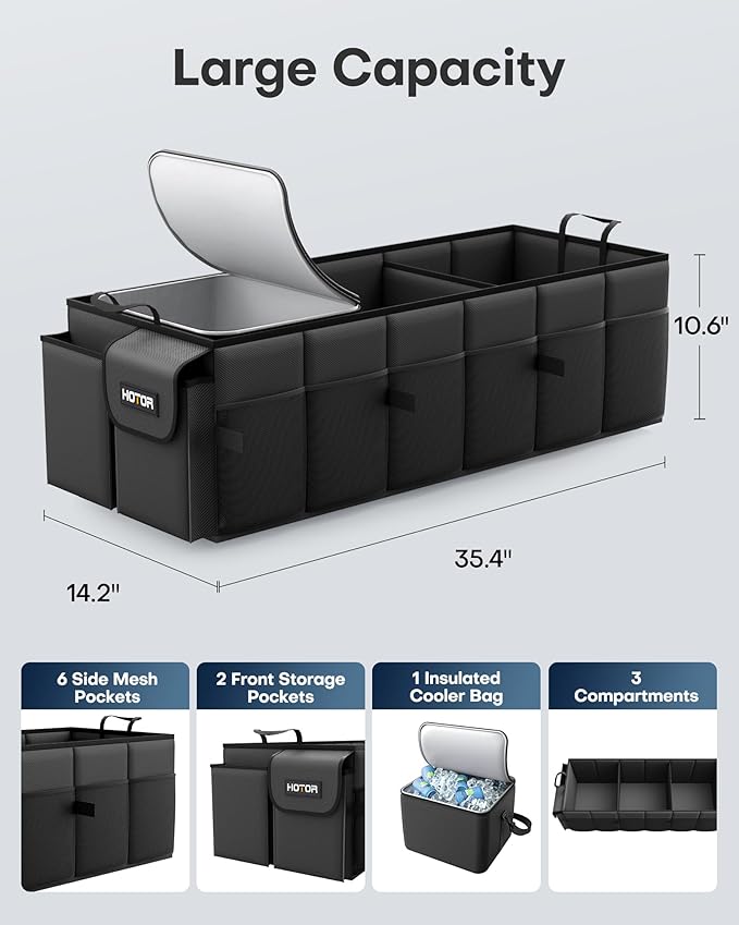 Trunk Organizer for Car & SUV, Sturdy Car Organizer with Removable Cooler, Large Foldable Trunk Organizer with Cooler, 3 Compartments, Adjustable Straps, Black, 35.43”×14.17“×10.63”
