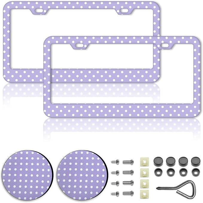 Polka Dots License Plate Frames，Polka dots Car Accessories for Women and Men ，Cute License Plate，Aluminum License Plate Frame Fits Standard US Vehicles Size 12.2 x 6 Inch (Purple-Polka dots)
