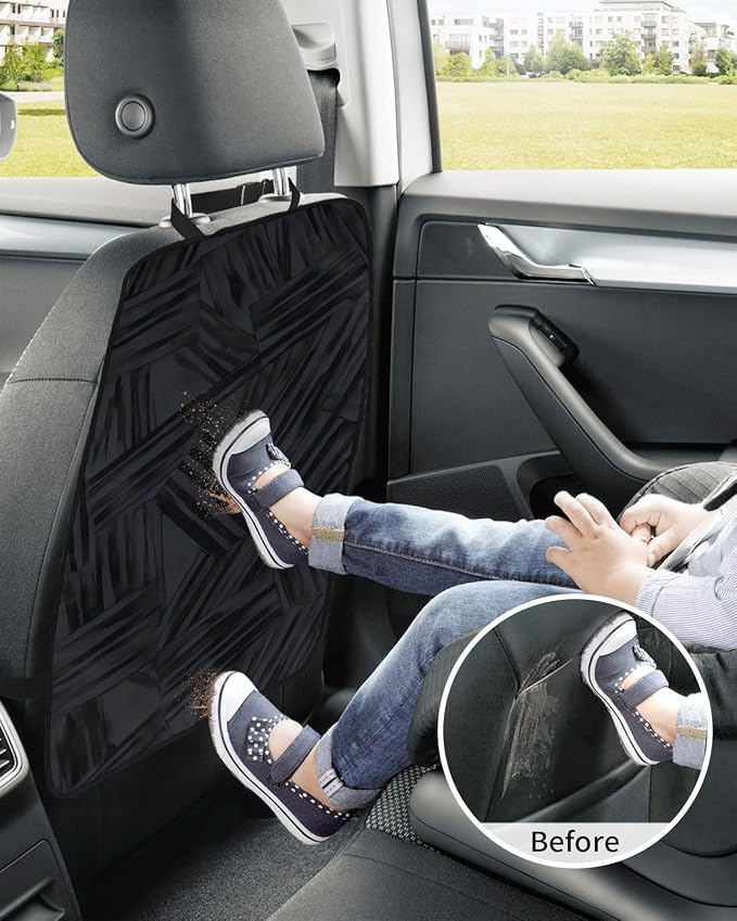 T&H XHome Modern Line Car Seat Protector, 2 Pack Kick Mats Back Seat Protector Abstract Farmhouse Black Brushstroke Blocks Waterproof Back Seat Cover Universal Fit Automotive Interior Protectors