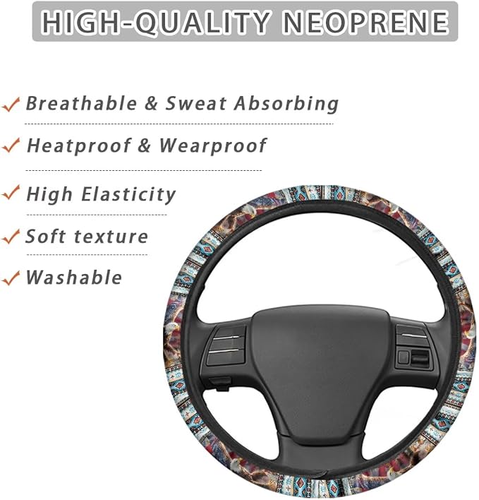Auto Steering Wheel Cover Unviersal 15 Inch Steering Wheel Wrap Cover 4th of July Auto Interior Accessories Decor for All Seasons, Aztec Eagle US Flag