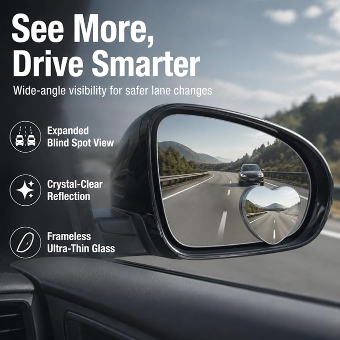 Blind Spot Mirrors - 2 Pack Heart HD Glass Frameless Convex Rear View Mirror with Wide Angle Adjustable Stick for Cars, Trucks, And Motorcycles Stuff Rearview Mirror Accessories Decor