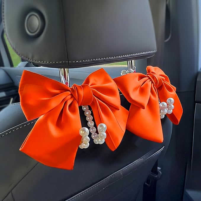 2 PCS Bow Pearl Car Seat Headrest Hook – Cute Purse Hook for Car, Girly Interior Decoration Accessories Hook Hanger, Seatback Holder for Purses & Bags, Elegant Car Organizer (Orange)