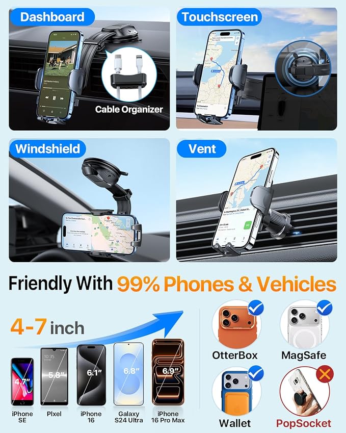 HTU Upgraded Strongest Suction Car Phone Holder Bendable Arm, Never Block View Rotatable Cellphone Mount for Dashboard Windshield Vent, Cradle Stand for iPhone 17 16 15 14 13 12 Pro Max (Dark Pink)