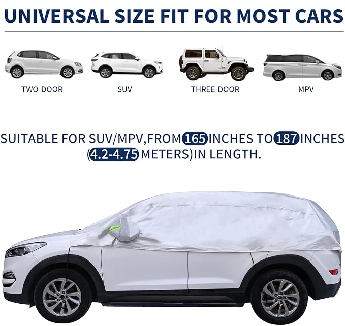 Hrozny Half Car Cover, Car Windshield Cover for Ice and Snow with Reflective Straps, Car Snow Cover Universal Fit for Most Cars (SUV)