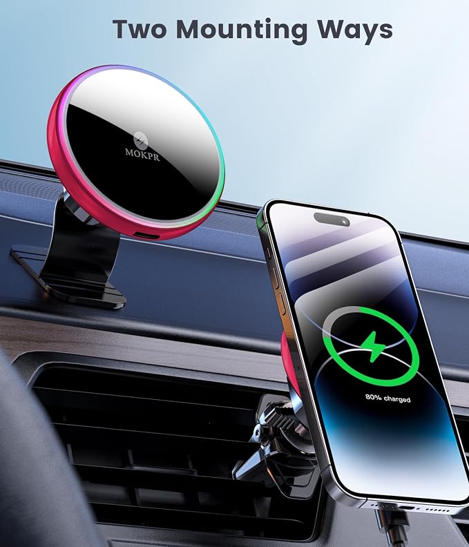 for Magsafe Car Mount Charger-15W Wireless Car Charger-Magnetic Car Phone Holder for Dash Air Vent-LED RGB HandsFree Car Mount Fast Car Charger for iPhone 16 15/14/13/12 Series RED