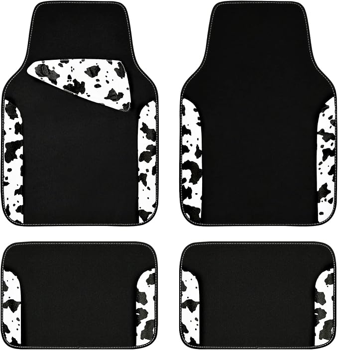 Waterproof Universal Fit Car Floor Mats, Cow Print Car Mats Fit for SUV,Vans,sedans, Trucks,Set of 4pcs Car Carpet with Driver Heel Pad and Nibs Backing,or Cute Women Girly Funny Black White