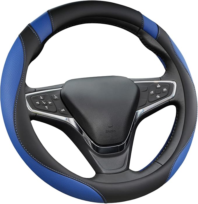 Customized Auto Car Steering Wheel Cover for Chevy 14.5-15 inches, Steering Wheel Cover for Chevrolet (Black+Blue - Standard Size)