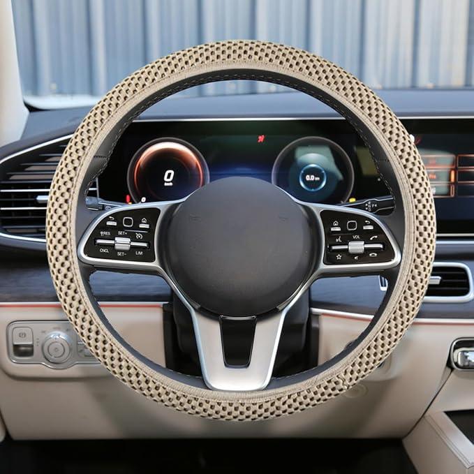 Elastic Stretch Steering Wheel Cover, 15" Breathable Microfiber Ice Silk Steering Wheel Protector, Universal Anti-Slip Car Warm in Winter&Cool in Summer Accessories for Men Women (Beige)
