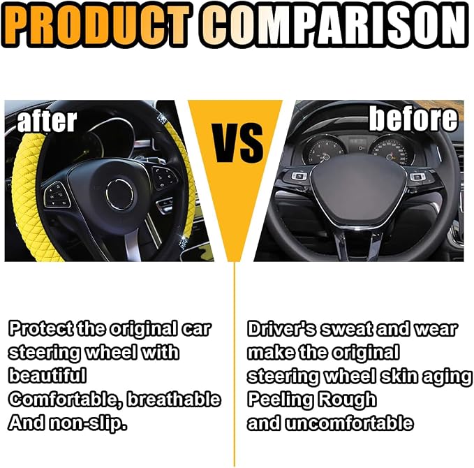 15 Inch Bling Soft Leather Car Steering Wheel Cover, Yellow | Colorful Rhinestones Design, Auto Elastic Protector for Women Girls, Crystal Diamond Car Accessories for Most Cars, SUVs
