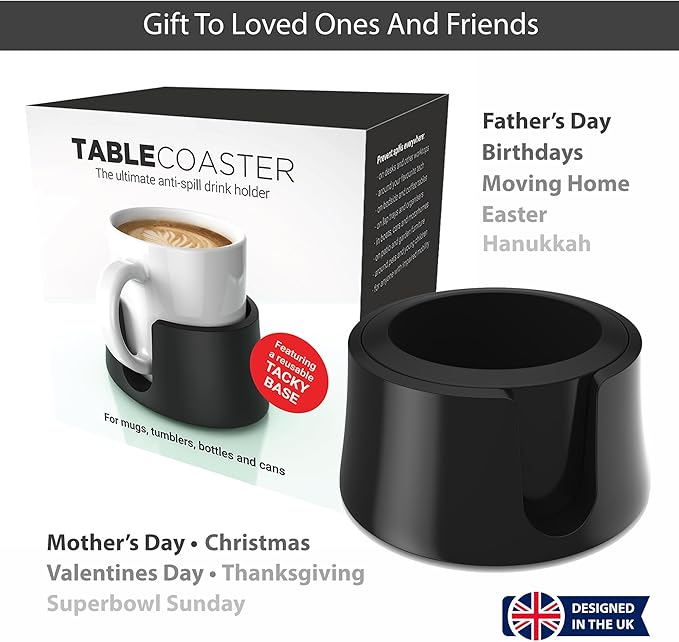 TableCoaster - Original Anti-Spill Table and Desk Cup Holder, Jet Black - RV and Boat Drink Holder, A Tip-Proof Coaster with Tacky Base and Walled Profile to Prevent Spilled Drinks