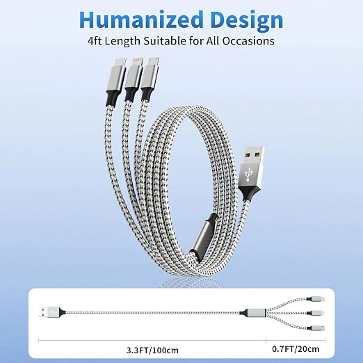Multi Charging Cable, (2 Pack 4FT) Multi USB Charger Cable 3 in 1 Charging Nylon Braided Fast Charging Cord with Type-C, Micro USB, IP Port for Most Phones/iPhones/Tablets