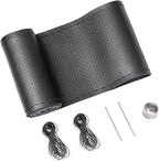 Genuine Leather Steering Wheel Cover, Stitch On Wrap, Breathable Cowhide Steering Wheel Wrap, Standard Size 15 Inch, for Car Truck SUV Pickup Boat, DIY Sewing with Needle Thread, Black