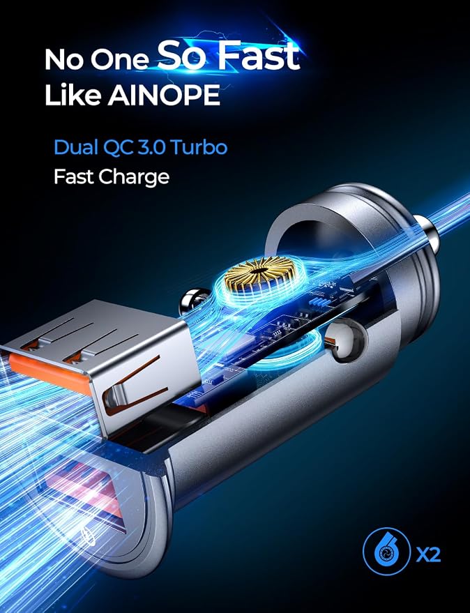 AINOPE QC 3.0 USB Car Charger, 45W Cigarette Lighter USB Charger, Fast Car Charger for Android, [Mini & Aluminum Alloy] 12V Cigarette Lighter Adapter for iPhone 17 16 15 14 13 12 11 Pro Max X