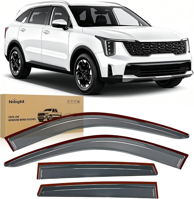 Tape-On Rain Guards for Kia Sorento 2021-2026, Dark Smoke Tinted Out-Channel Window Visors, Vent Deflectors for Fresh Air, Rain & Wind Protection, 4PCS