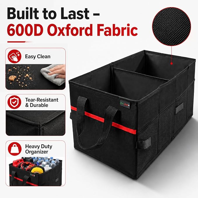 PAT SAM'S Car Trunk Organizer for SUV, Foldable Collapsible Storage Organizer with Dividers, Non-Slip Waterproof 600D Oxford, Backseat & Trunk Storage for Groceries, Tools, Toys (Black)