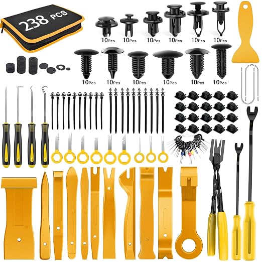 238Pcs Trim Removal Tool, Auto Push Pin Bumper Retainer Clip Set Fastener Terminal Remover Tool Adhesive Cable Clips Kit Car Panel Radio Removal Auto Clip Pliers, Yellow