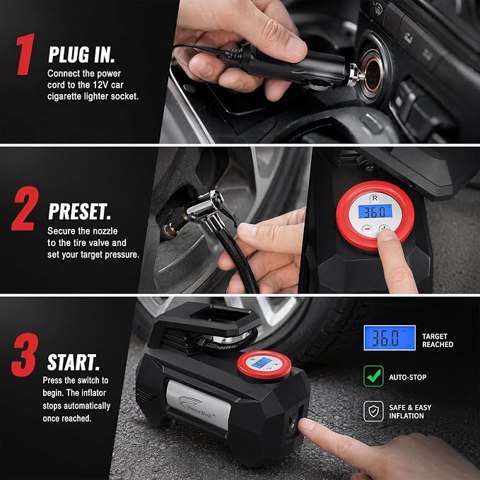 HAUSBELL Tire Inflator 150PSI Portable Air Compressor | 12V DC, 35L/Min fast inflation for SUV, Sedan & more. Digital gauge with auto shut-off. LED light for roadside & night use.
