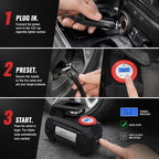 HAUSBELL Tire Inflator 150PSI Portable Air Compressor | 12V DC, 35L/Min fast inflation for SUV, Sedan & more. Digital gauge with auto shut-off. LED light for roadside & night use.