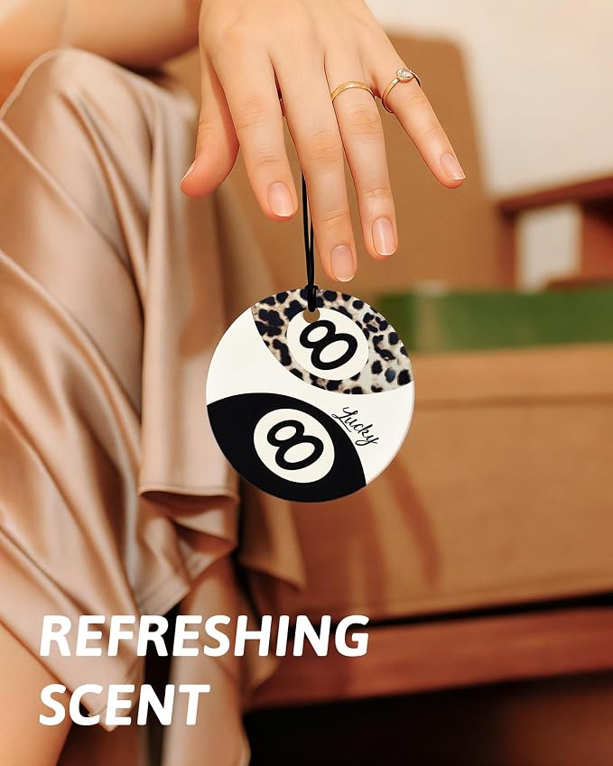 Leopard Print Orange Car Air Freshener 4 Pcs, Inspirational Cheetah Lips Lucky 8 Ball Round Hanging Air Freshener for Cars Closet Drawer Books, Girly Y2k Car Accessories Mirror Decor for Women