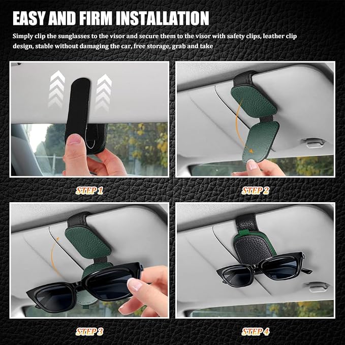 Sunglasses Holders for Car Visor, Sunglass Car Organizer, Leather Magnetic Buckle Sun Visor Sunglass Clip, Car Accessories Ticket Card Clip Sunglasses Mount Fit Truck (Black/Army Green, 2PCS)