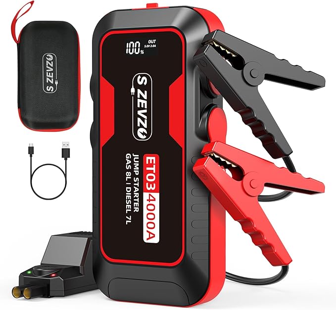 ET03 4000A Car Jump Starter Jump Starter Battery Pack for Up to 8.0L Gas and 7.0L Diesel Engines, 74Wh Portable 12V Jump Box with USB Ports, LCD Display, Storage Case, and LED Light