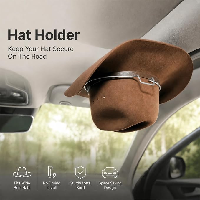 Car Visor Hat Holder for Cowboy Hats & Baseball Caps – Universal Sun Visor Hat Rack Organizer – Heavy-Duty Iron Mount Fits Cars, Trucks, SUV, Pickups – No Drilling, Space-Saving Design